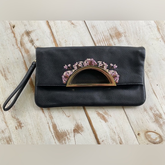 White House Black Market Faux Leather Floral Embroidered Clutch Handbag wristlet - Picture 2 of 12